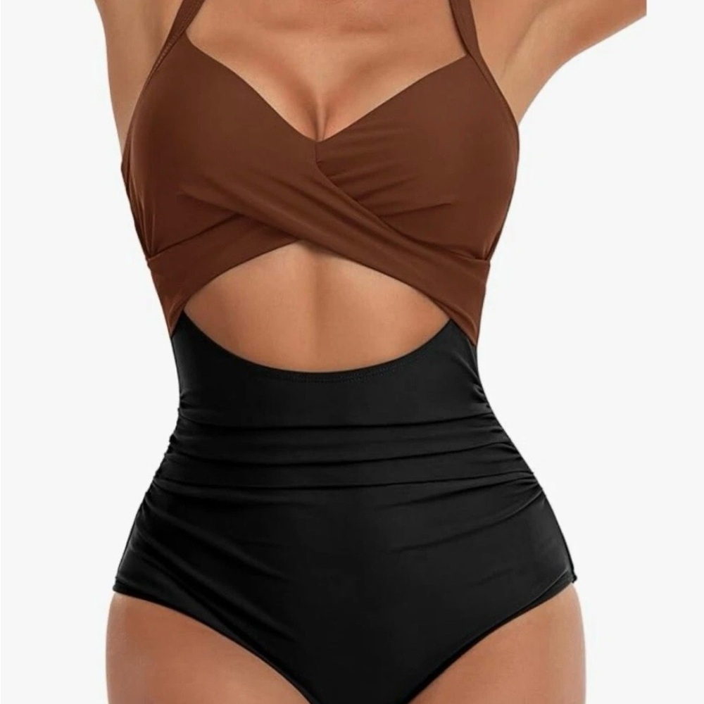 NWT Eomenie Colorblock Cutout One-Piece Swimsuit Ruched Slimming Adjustable L